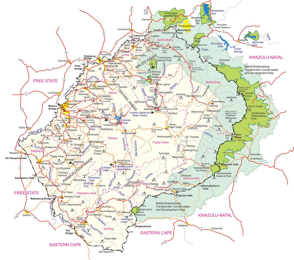 mappa di mappa dettagliata del Lesotho